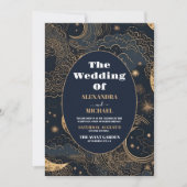 Foto Midnight Blue Gold Celestial Wedding Einladung (Vorderseite)