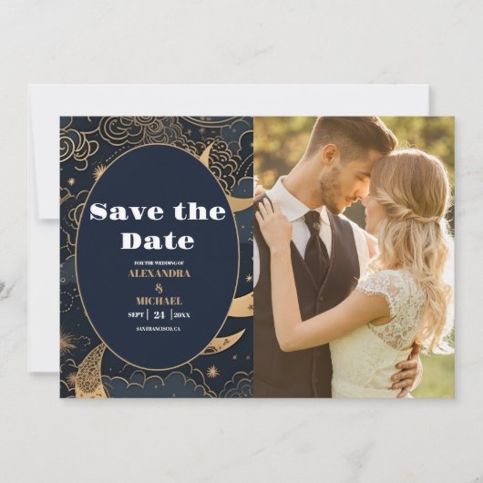 Foto Midnight Blue Gold Celestial Wedding Save The Date (Vorderseite)