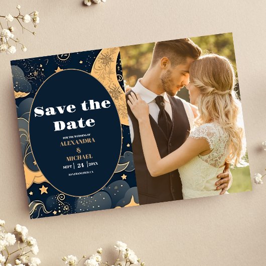 Foto Midnight Blue Gold Celestial Wedding Save The Date