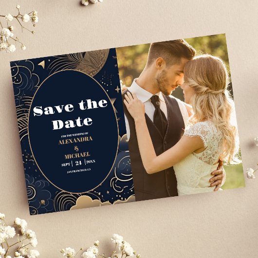 Foto Midnight Blue Gold Celestial Wedding Save The Date