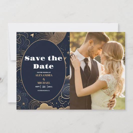 Foto Midnight Blue Gold Celestial Wedding Save The Date (Vorderseite)