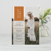 Foto Minimalistisch Boho Neutral Hello Baby Dusche Einladung (Stehend Vorderseite)