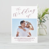 Foto Minimalistisch Burgundy White Script Wedding  Einladung (Stehend Vorderseite)