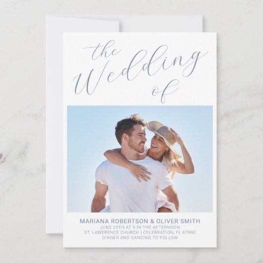 Foto Minimalistisch Dusty Blue Script Wedding Einladung (Vorderseite)