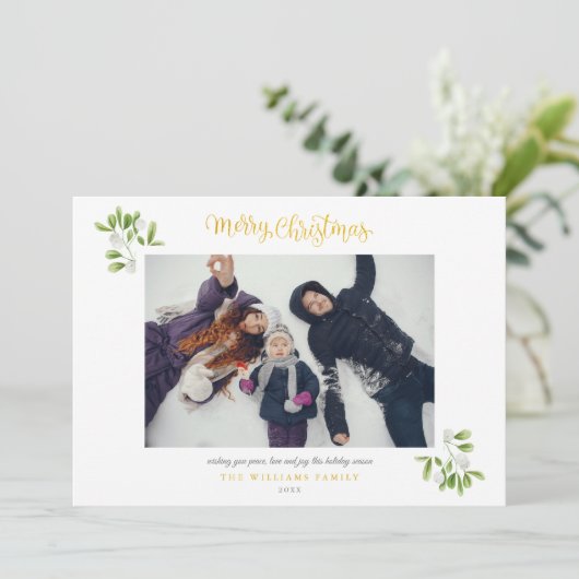 Foto Mistletoe Gold Script Frohe Weihnachten (Stehend Vorderseite)