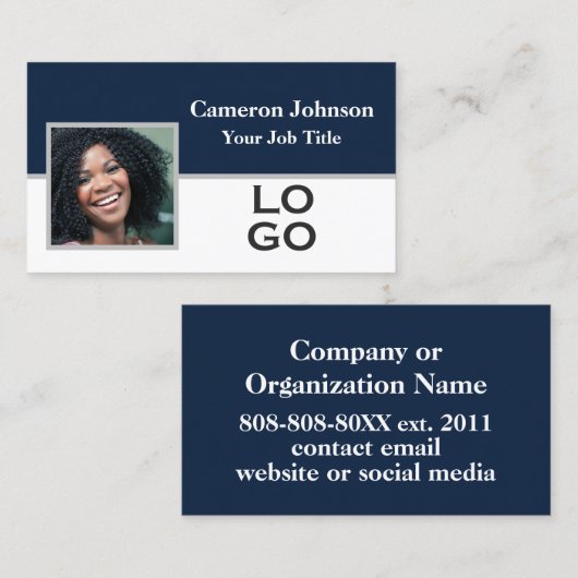 Foto mit benutzerdefiniertem Logo für Navy Blue Visitenkarte (Vorne/Hinten)