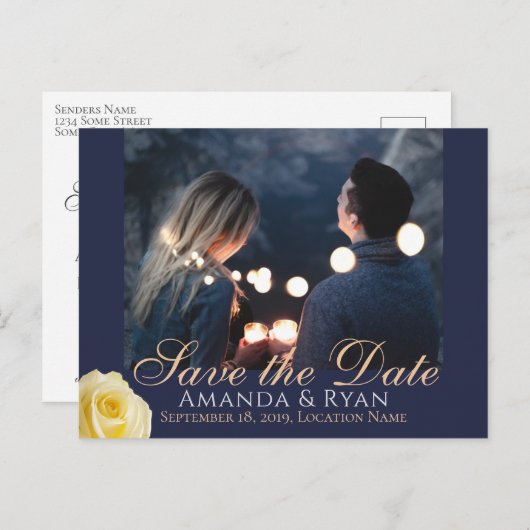 Foto mit blauem Gelben Rose Hochzeit Das Datum spe Ankündigungspostkarte (Vorne/Hinten)