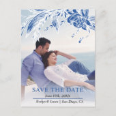 Foto mit blauen und weißen Blume Save the Date Postkarte (Vorderseite)