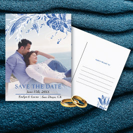Foto mit blauen und weißen Blume Save the Date Postkarte