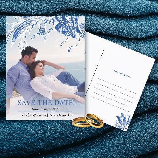 Foto mit blauen und weißen Blume Save the Date Postkarte