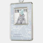 Foto mit blauen und weißen Schneefräsen Rahmen-Ornament Silber (Links)