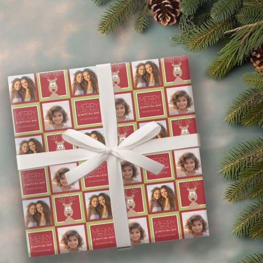 Foto mit Cartoon Rentier mit frohen Weihnachten Geschenkpapier
