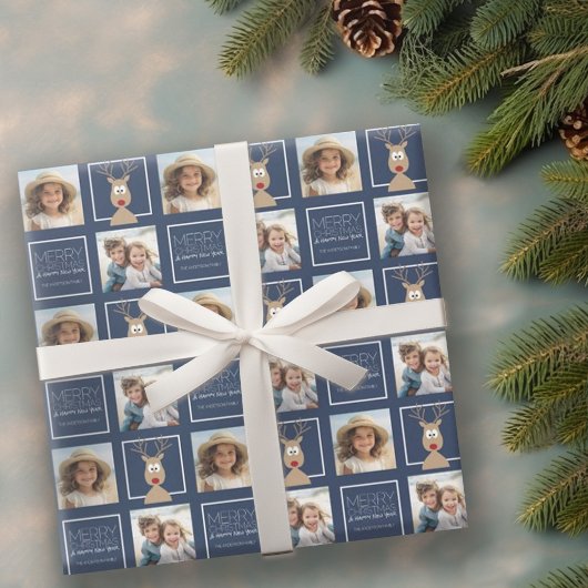 Foto mit Cartoon Rentier mit frohen Weihnachten Geschenkpapier