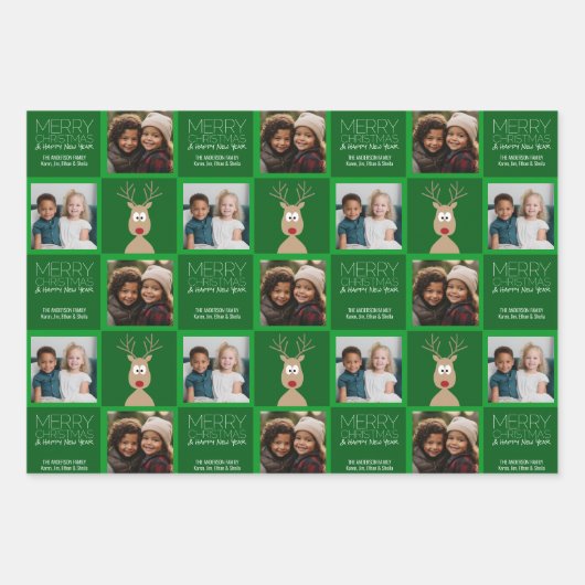 Foto mit Cartoon Rentier mit frohen Weihnachten Geschenkpapier Set (Vorderseite 2)