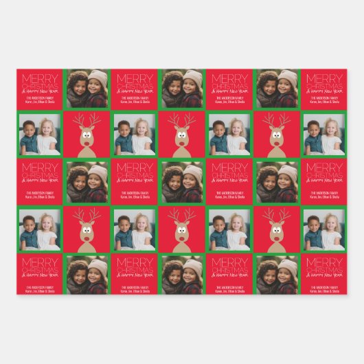 Foto mit Cartoon Rentier mit frohen Weihnachten Geschenkpapier Set (Vorderseite)