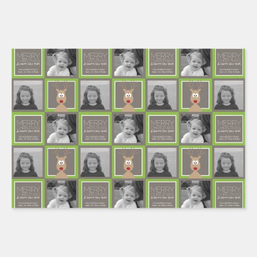 Foto mit Cartoon Rentier mit frohen Weihnachten Geschenkpapier Set (Vorderseite 2)