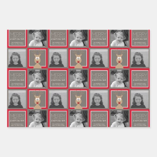 Foto mit Cartoon Rentier mit frohen Weihnachten Geschenkpapier Set (Vorderseite)