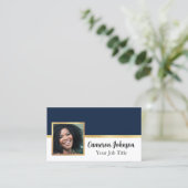 Foto mit elegantem Script und Gold auf Navy Blue Visitenkarte (Stehend Vorderseite)