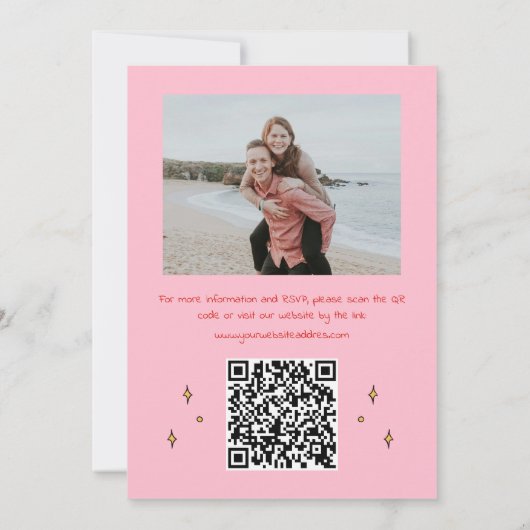 Foto mit handgezogenem Pink-Whimsical-QR-Code Einladung (Rückseite)