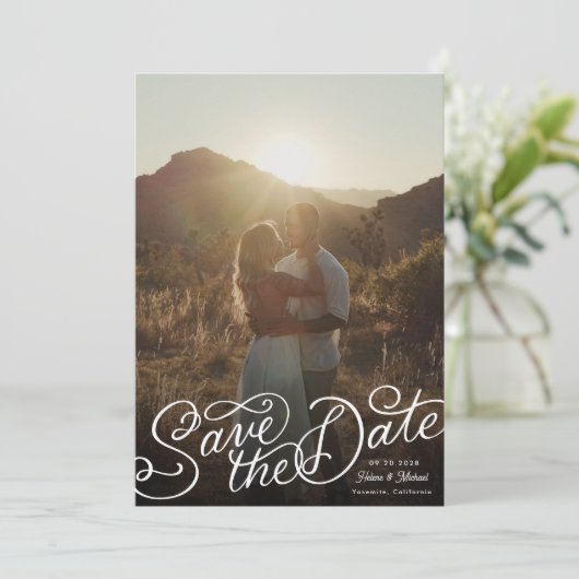 Foto mit Handschrift Save The Date (Stehend Vorderseite)