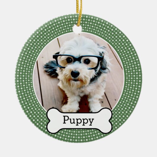 Foto mit Hundeblock - grüne Polka-Punkte Keramikornament (Vorne)