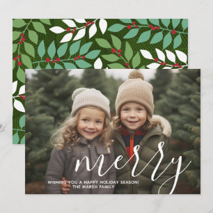 Foto mit riesiger MERRY-Schrift weißer Überlagerun Feiertagskarte