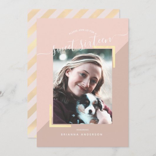 Foto mit rosa und goldfarbenem Block Sweet 16 Einladung (Vorne/Hinten)