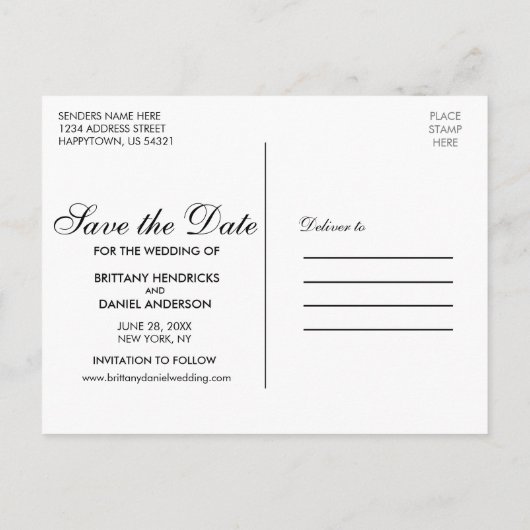 Foto mit Save the Date Couple Names Datum Postkart Postkarte (Rückseite)