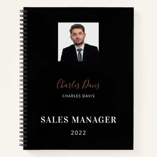 Foto mit Schwarz-weißer Bezeichnung Notizblock (Vorderseite)