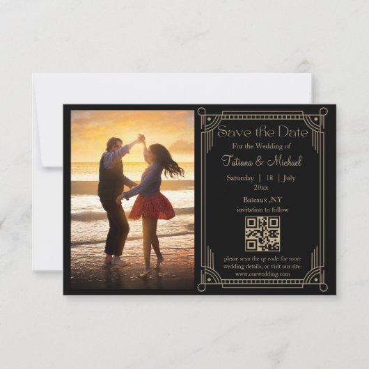 Foto mit schwarzem Gold qr Save the Date Ankündigung (Vorderseite)