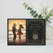 Foto mit schwarzem Gold qr Save the Date Ankündigung (Stehend Vorderseite)