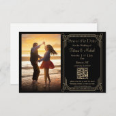 Foto mit schwarzem Gold qr Save the Date Ankündigung (Vorne/Hinten)