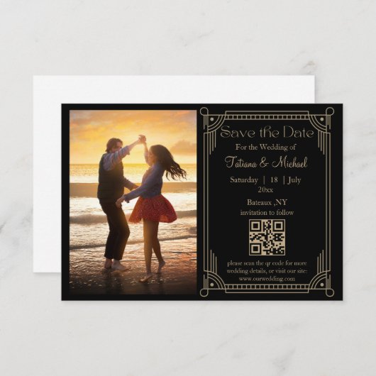 Foto mit schwarzem Gold qr Save the Date Ankündigung (Vorne/Hinten)
