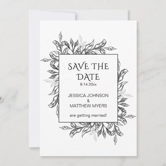 Foto mit schwarzem und weißem Blattwerk Save The Date (Vorderseite)