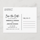 Foto mit weißen Buchstaben Save the Date Postkarte (Rückseite)