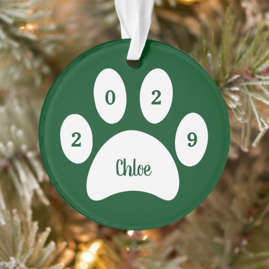 Foto mit weißer Paw, grüne Katze mit Name Year Ornament (Baum)