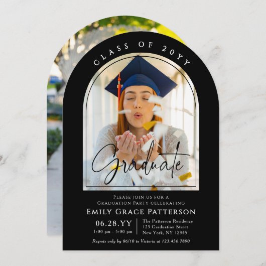 Foto Modern Arch Graduate Script Graduate Party Einladung (Vorne/Hinten)