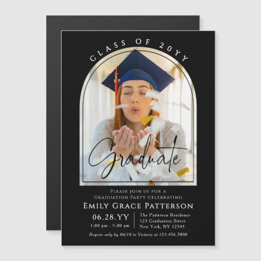 Foto Modern Arch Graduate Script Graduate Party Magnetkarte (Vorne/Hinten)