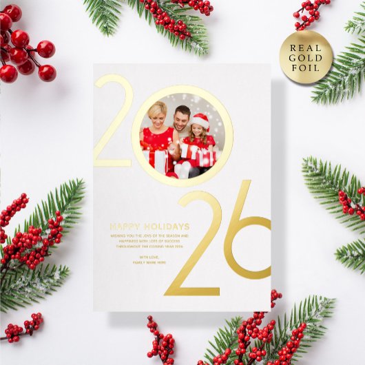 Foto Modern Bold White 2026 Holiday Gold Card Folieneinladung