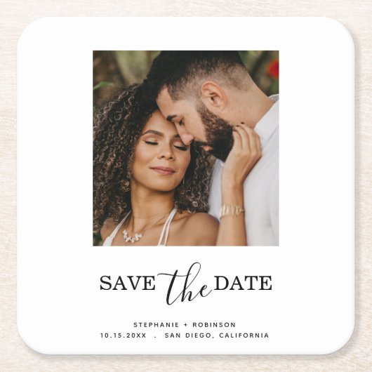 Foto Modern Monogramm Save the Date Rechteckiger Pappuntersetzer (Vorderseite)
