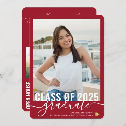 Foto Modern Red Abschluss Open House Einladung (Vorne/Hinten)