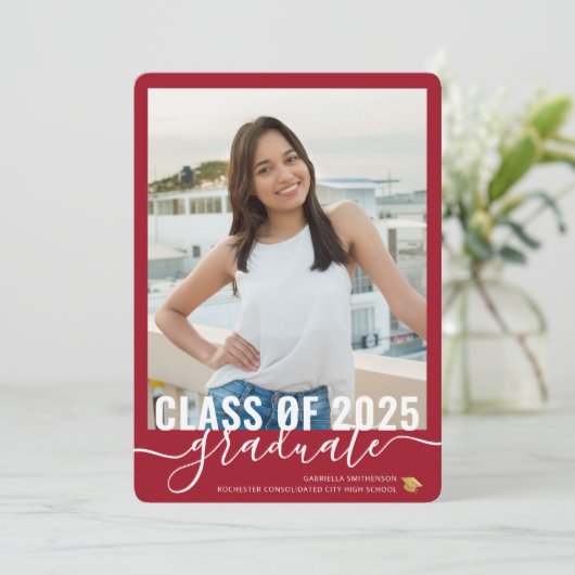 Foto Modern Red Abschluss Open House Einladung (Stehend Vorderseite)