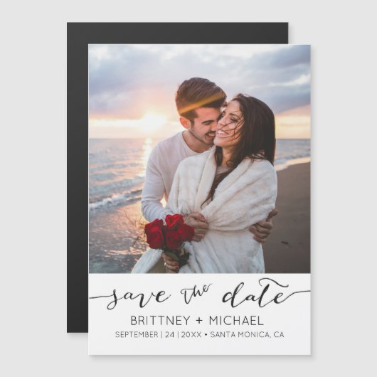 Foto Modern White Save the Date Magneteinladung (Vorne/Hinten)