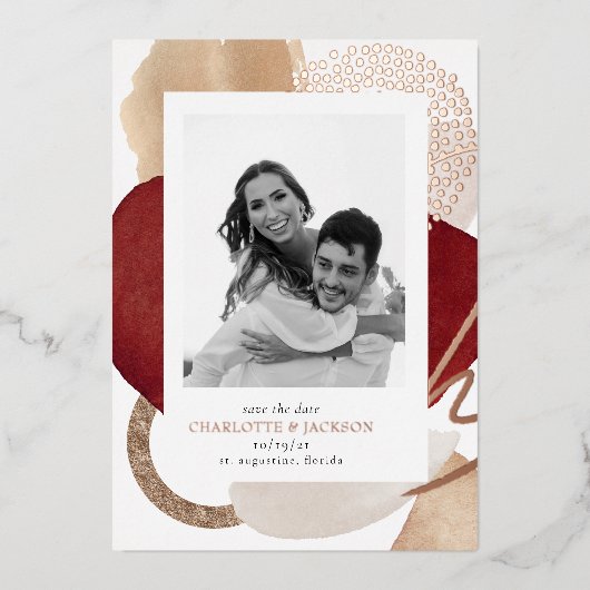 Foto Moderne Rose Gold Foil Save the Date Folieneinladung (Vorderseite)