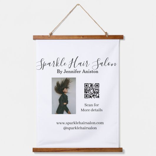 Foto Moderner Friseursalon Kleinunternehmen QR-Cod Wandteppich Mit Holzrahmen (Vorderseite)