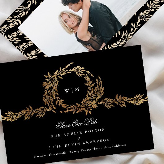 Foto Monogram Black Wappen Classic Gold Wedding Save The Date
