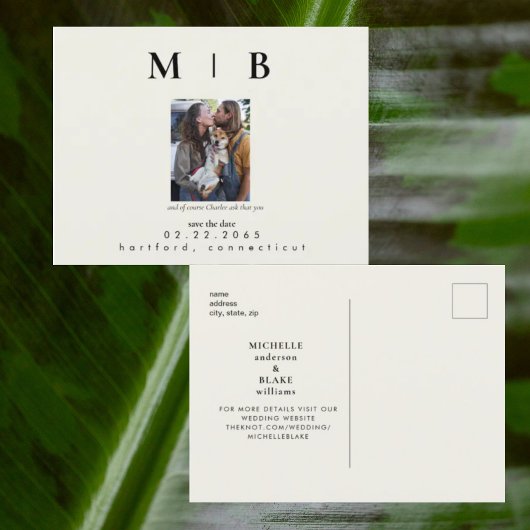 Foto-Monogramm-Creme Save the Date Hochzeit Ankündigungspostkarte