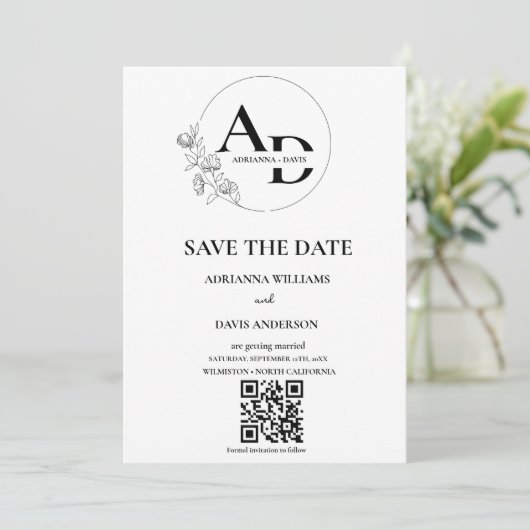 Foto Monogramm minimalistische QR-Code Hochzeit Save The Date (Stehend Vorderseite)