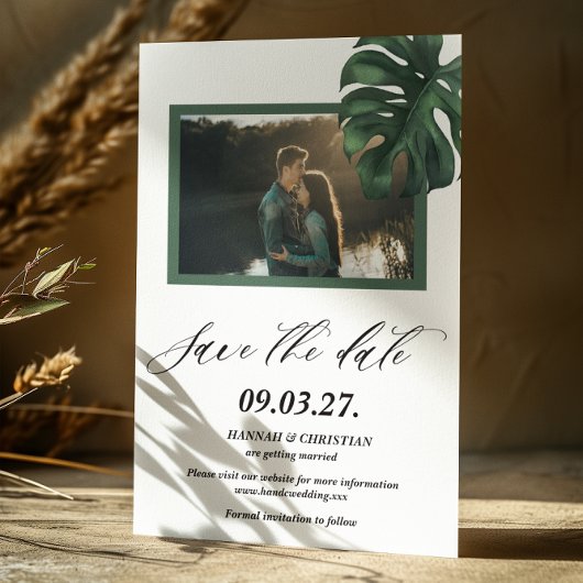 Foto Monstera Tropical Palm Leaf Save the Date