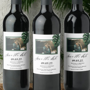 Foto Monstera Tropical Palm Leaf Save the Date Weinetikett